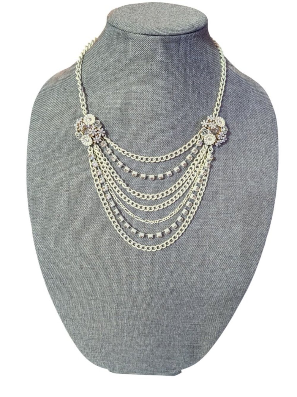 VTG Betsey Johnson Enameled Layered Chain Necklace Rhinestones & Floral Bridal